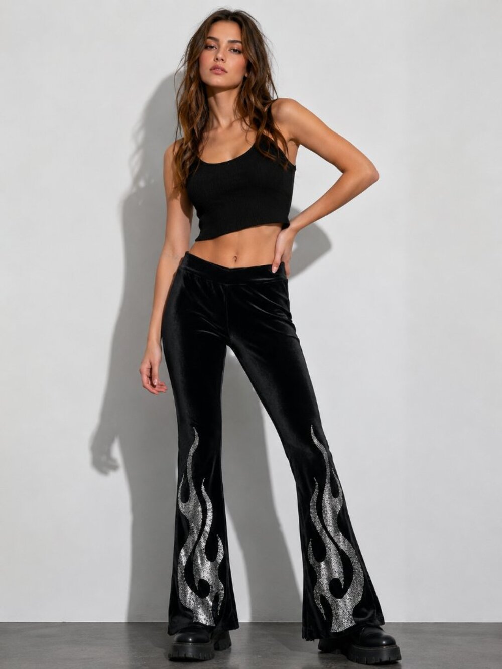 Black Velvet Rhinestone Flame Pants Y2K Ed Hardy Inspired Flare Leggings L